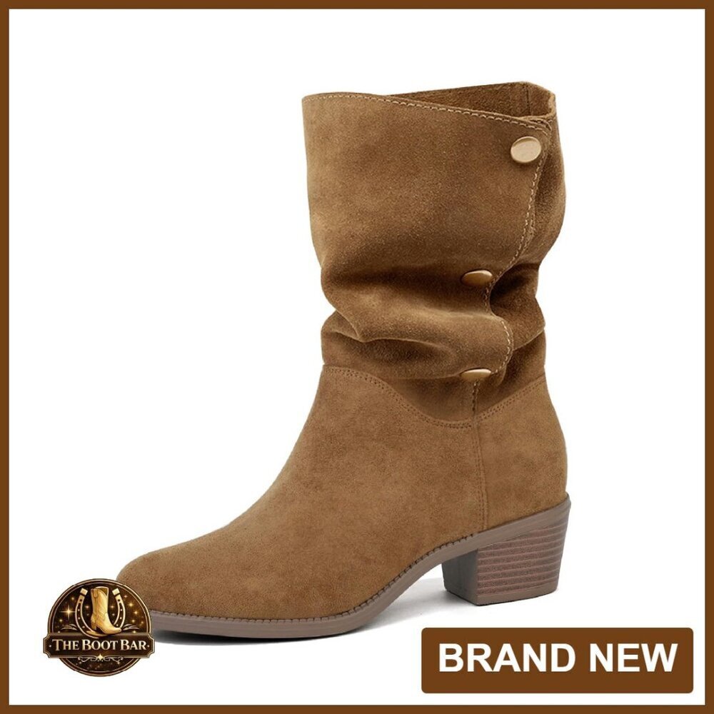 Women's Suede Mid Calf Boots 3-Way Fold Over Chunky Heel Booties